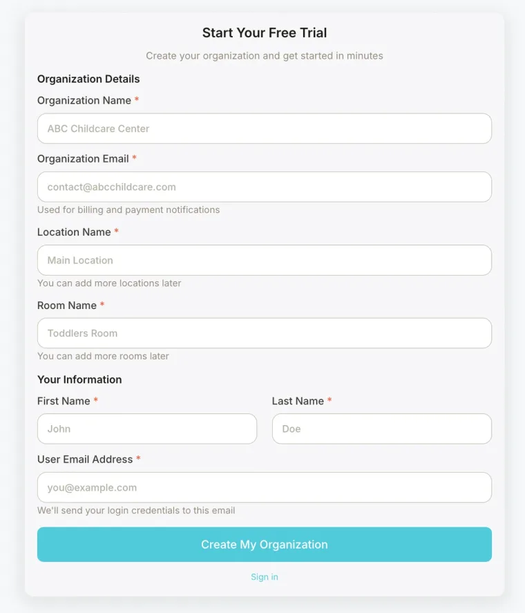 Creating an organization in My Childcare App